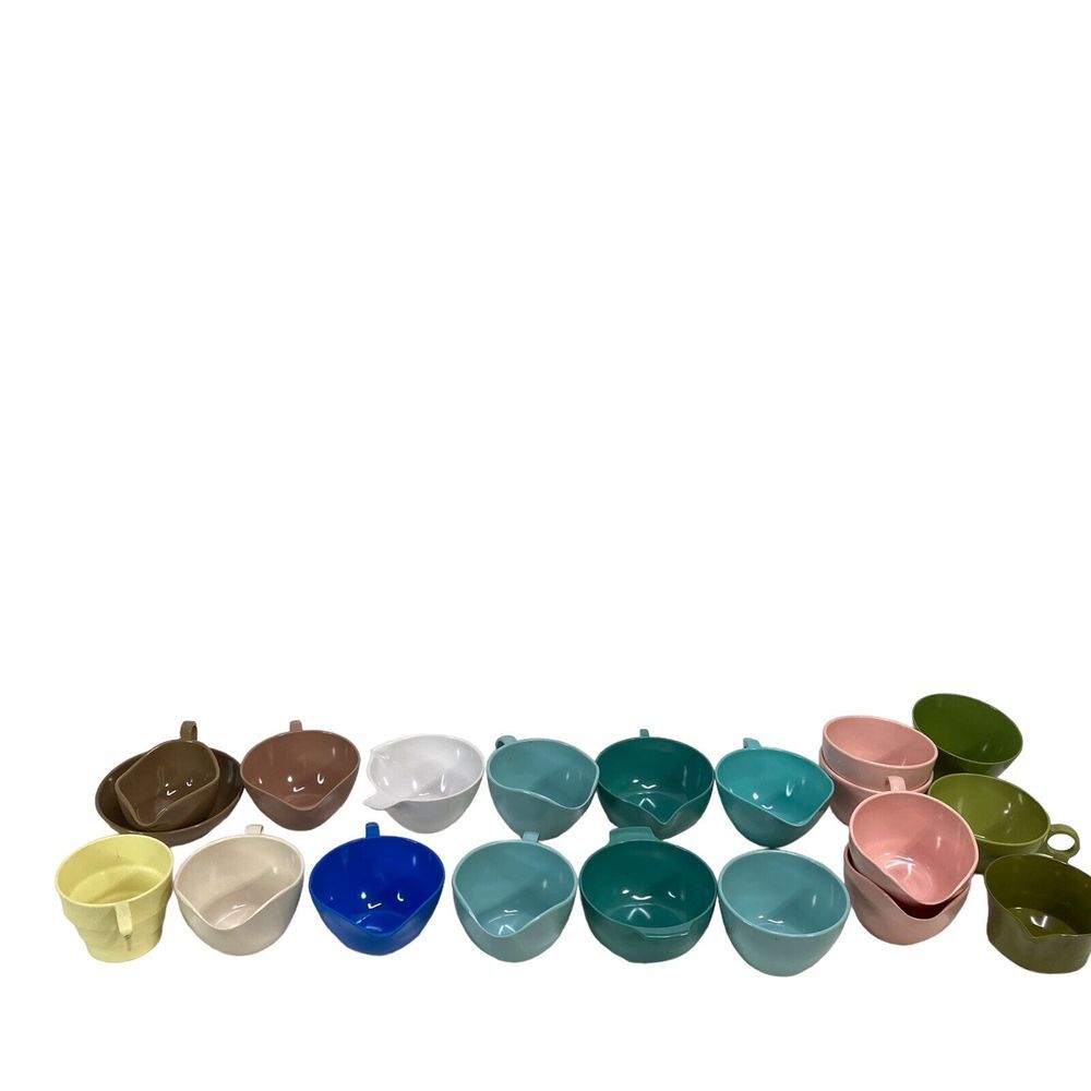 Vtg 60's Coffee Cups Mugs Lot 20 pieces Melamine Blue Pink Green Teal Brown Tan